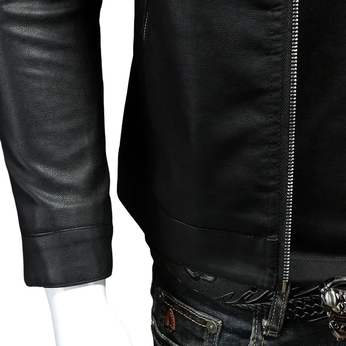Men faux leather motorcycle jacket biker outerwear in black with silver zipper and stitched seams
