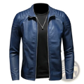 Men faux leather motorcycle jacket biker outerwear in sleek navy blue with quilted shoulders and silver zipper
