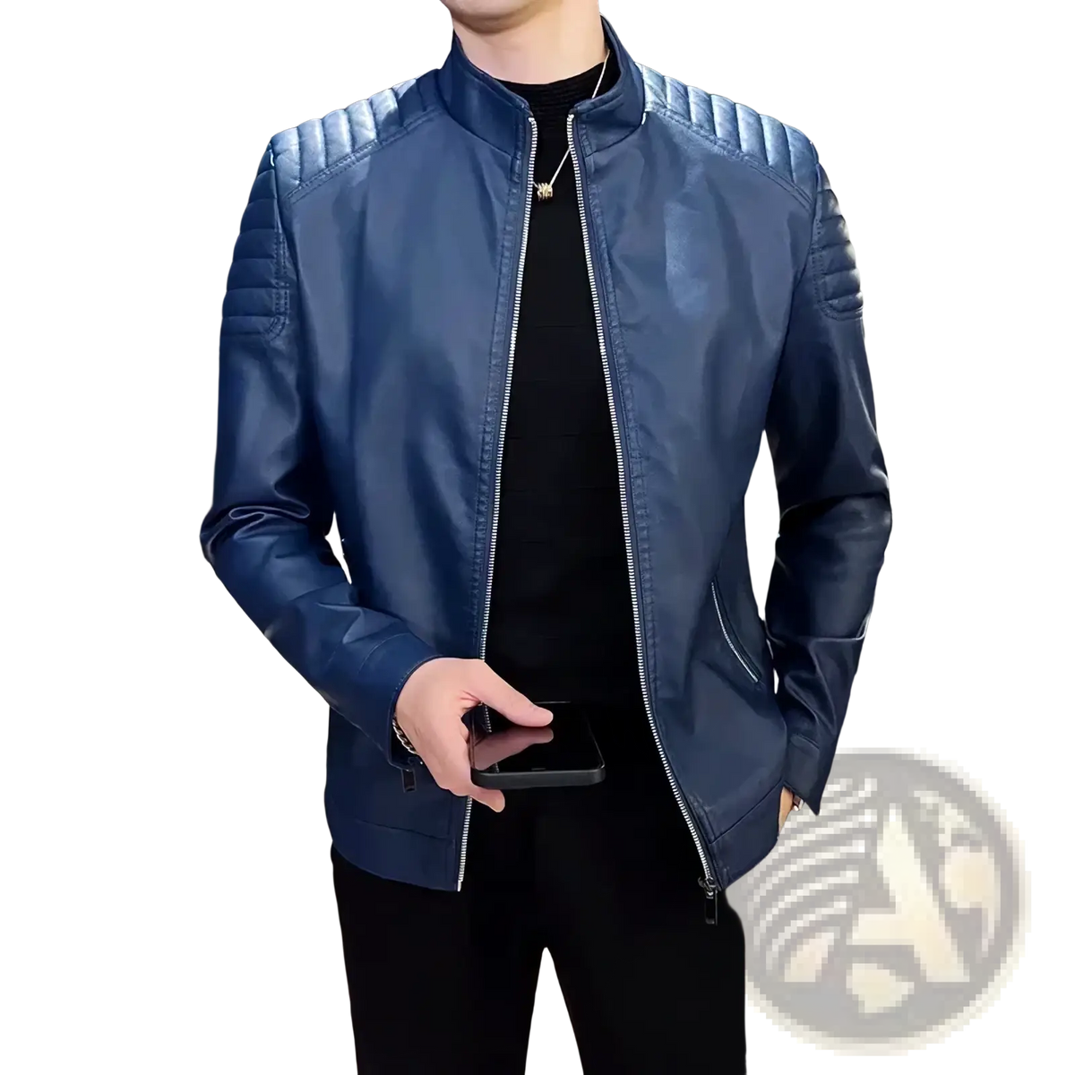 Men faux leather motorcycle jacket in blue with quilted shoulder panels and silver zippers for biker outerwear