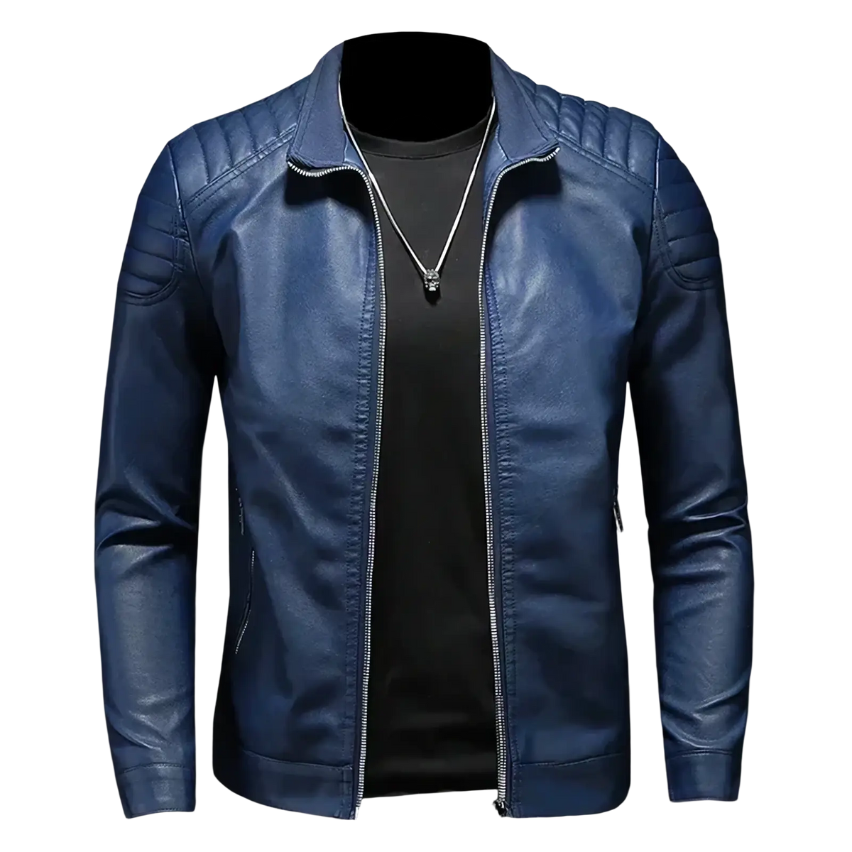 Men faux leather motorcycle jacket biker outerwear in sleek navy blue with quilted shoulders and silver zipper