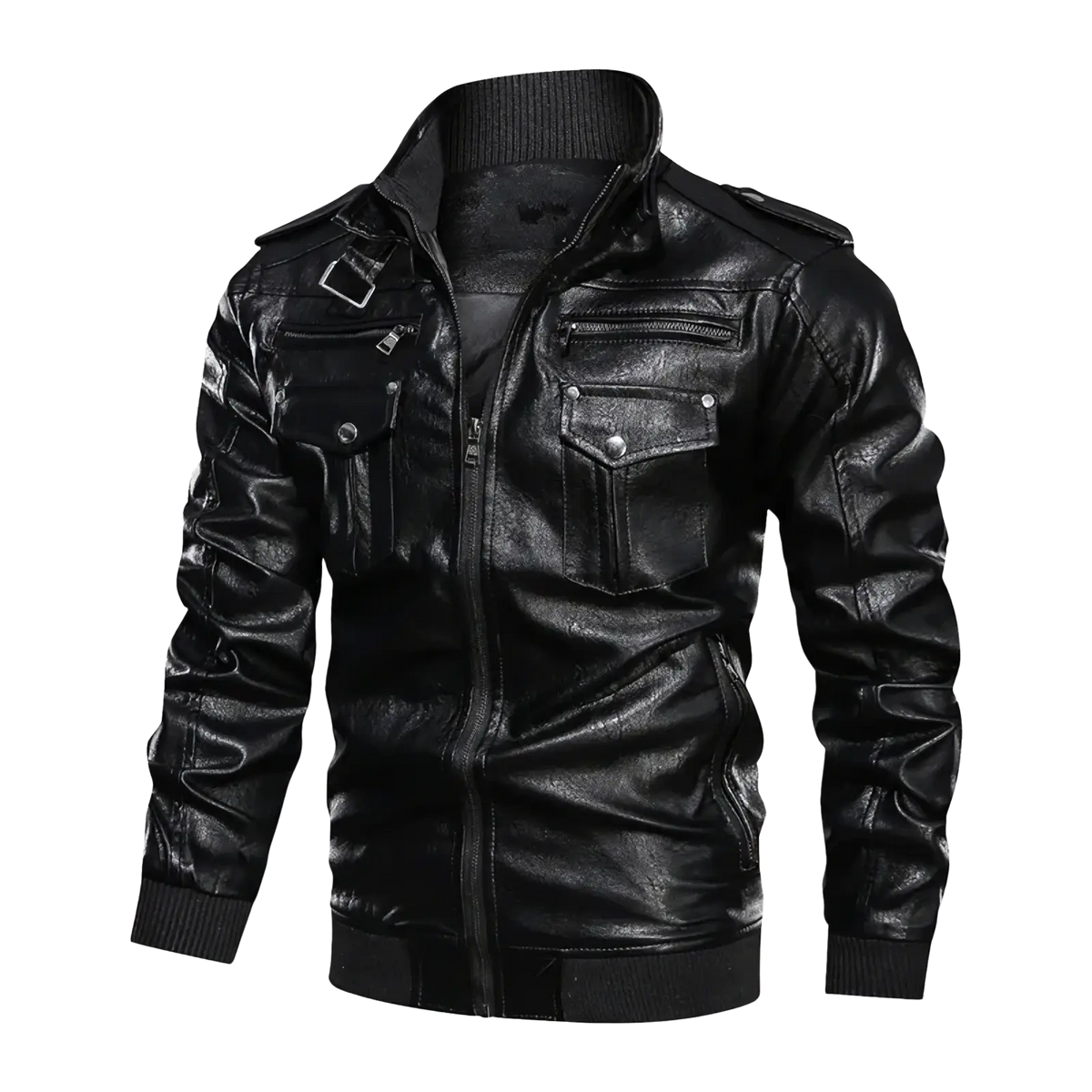 Men faux leather motorcycle jacket in black with silver-toned zippers and snap buttons made of faux leather
