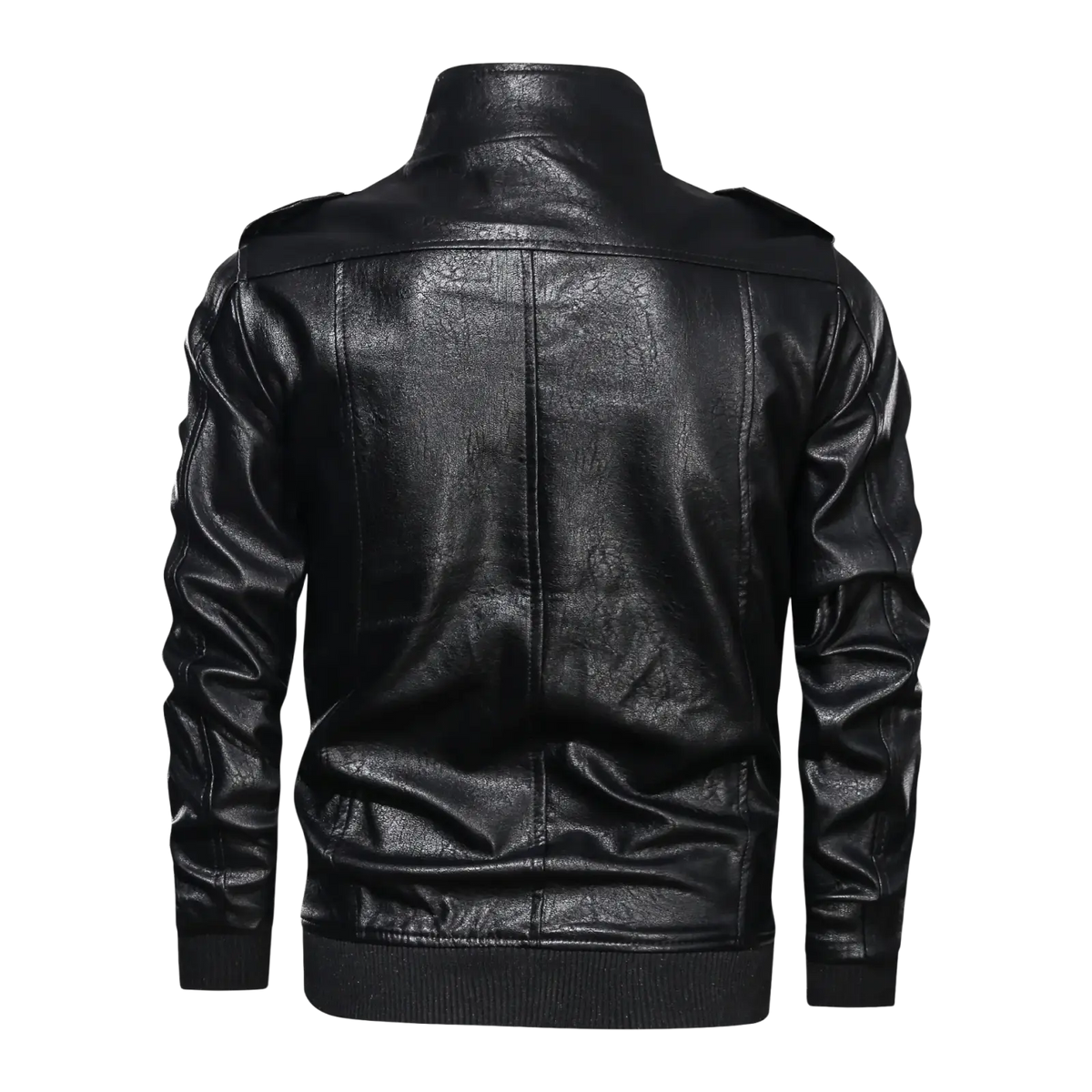 Men faux leather motorcycle jacket in black with a high collar and ribbed cuffs made from faux leather