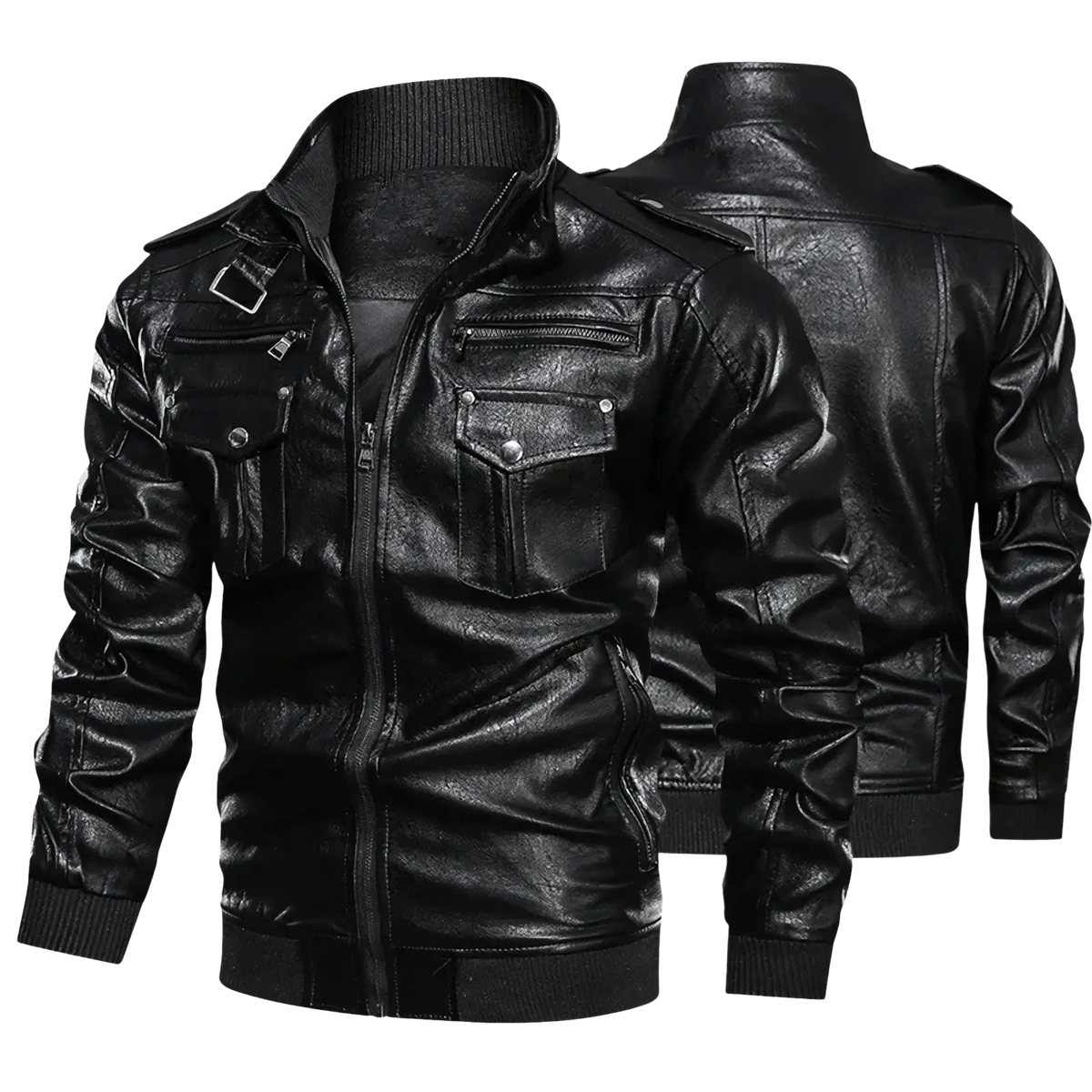 Men faux leather motorcycle jacket in black with silver zippers and buttoned flap pockets on the front