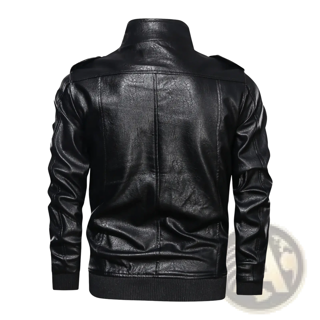 Men faux leather motorcycle jacket in black with a high collar and ribbed cuffs made from faux leather