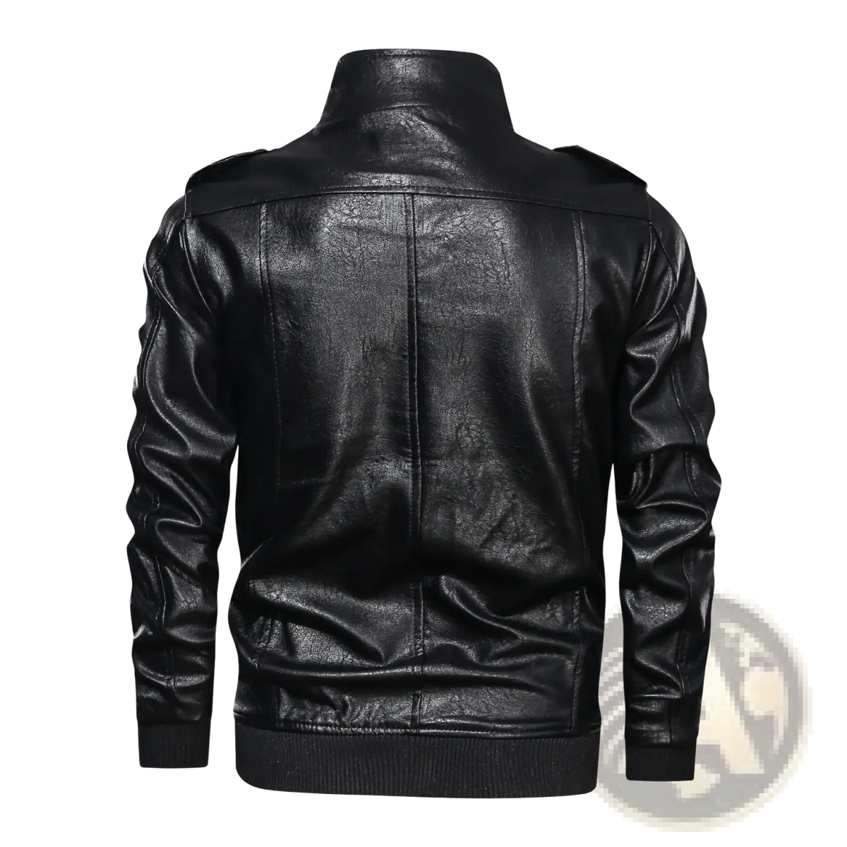 Men faux leather motorcycle jacket in black with a high collar and ribbed cuffs made from faux leather