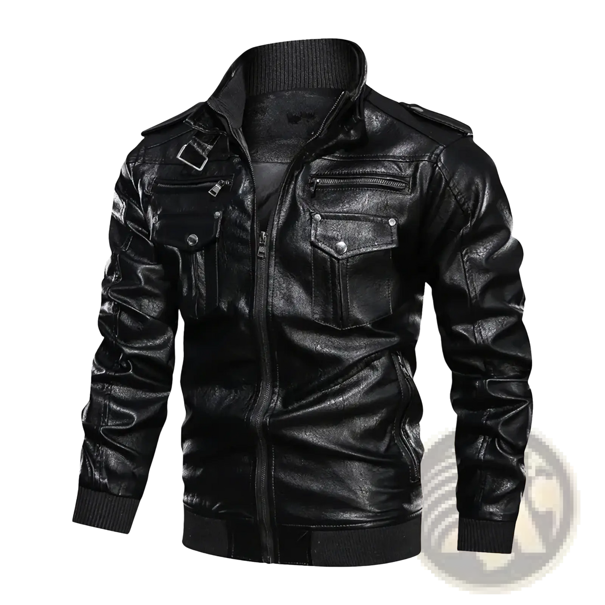 Men faux leather motorcycle jacket in black with silver-toned zippers and snap buttons made of faux leather