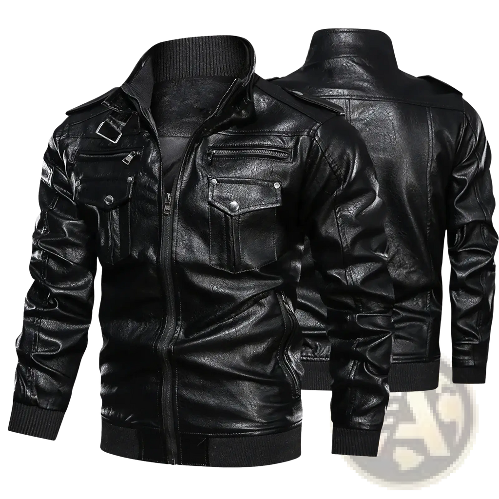 Men faux leather motorcycle jacket in black with silver zippers and buttoned flap pockets on the front