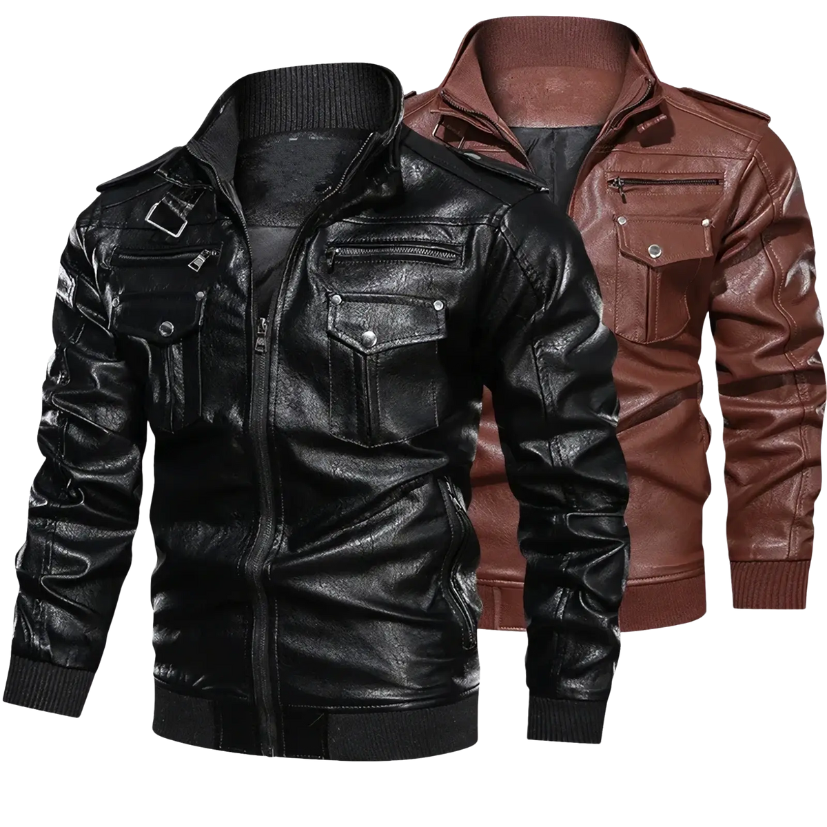 Men faux leather motorcycle jackets in black and brown with zippered pockets and ribbed cuffs for biker style