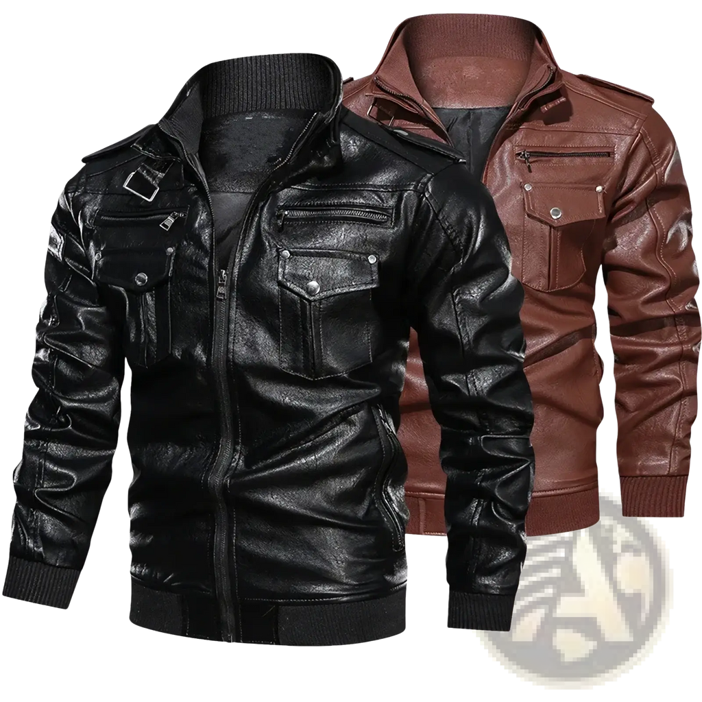 Men faux leather motorcycle jackets in black and brown with zippered pockets and ribbed cuffs for biker style