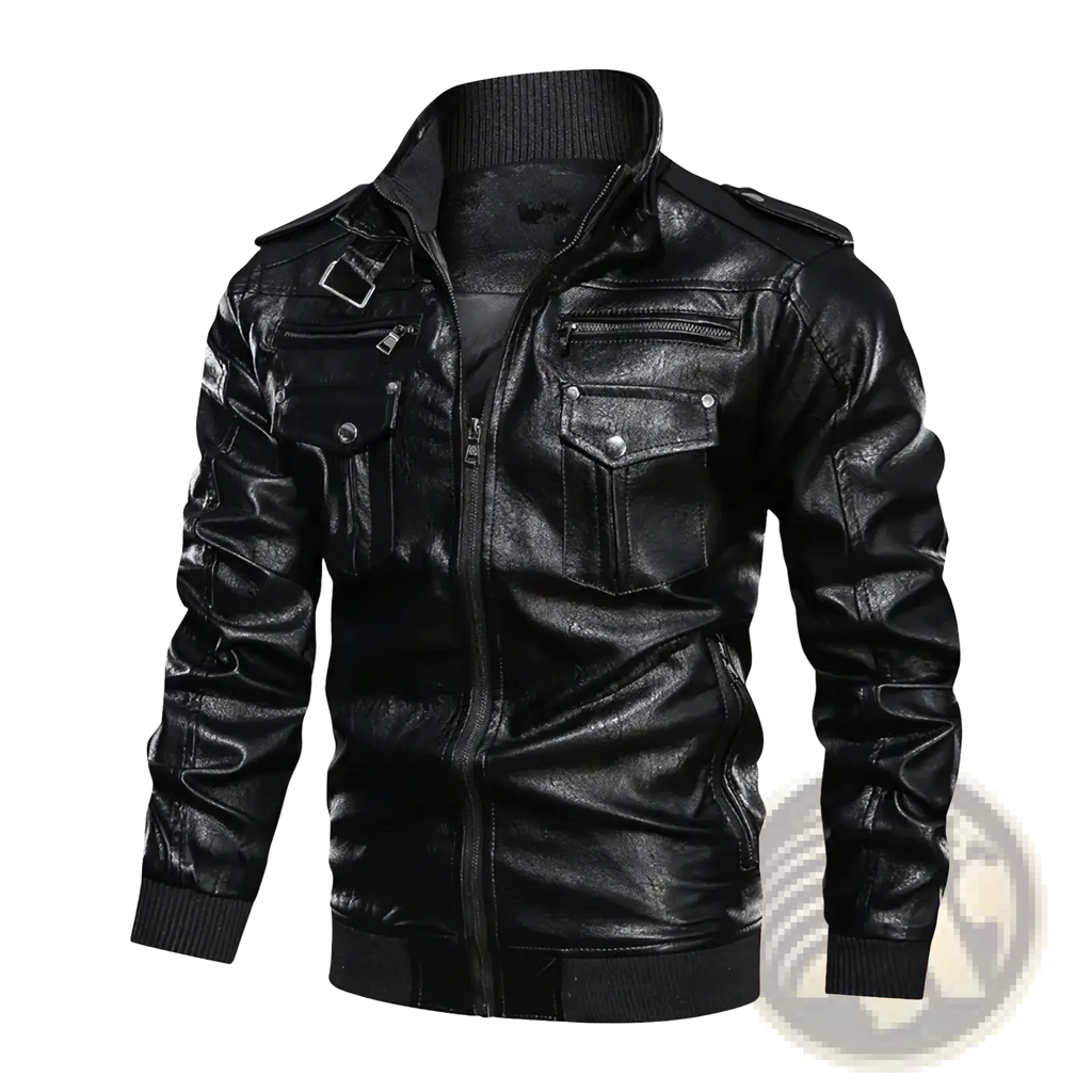 Men faux leather motorcycle jacket in black with silver-toned zippers and snap buttons on a bomber style design