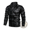 Men faux leather motorcycle jacket in black with silver-toned zippers and snap buttons on a bomber style design
