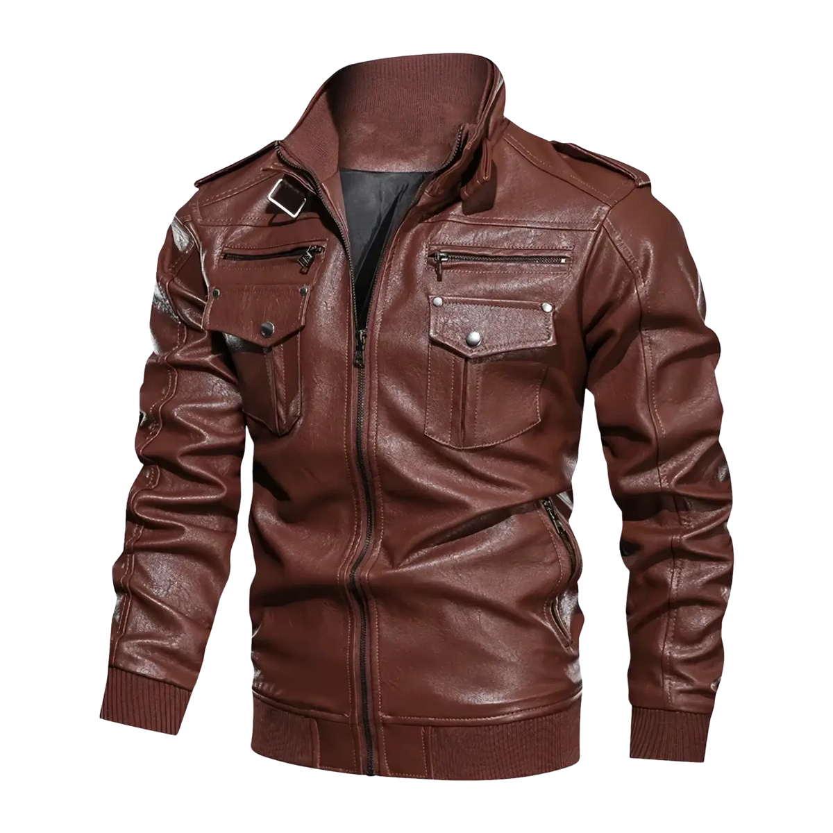 Men faux leather motorcycle jacket in rich brown with high collar front zipper and two chest pockets with silver buttons