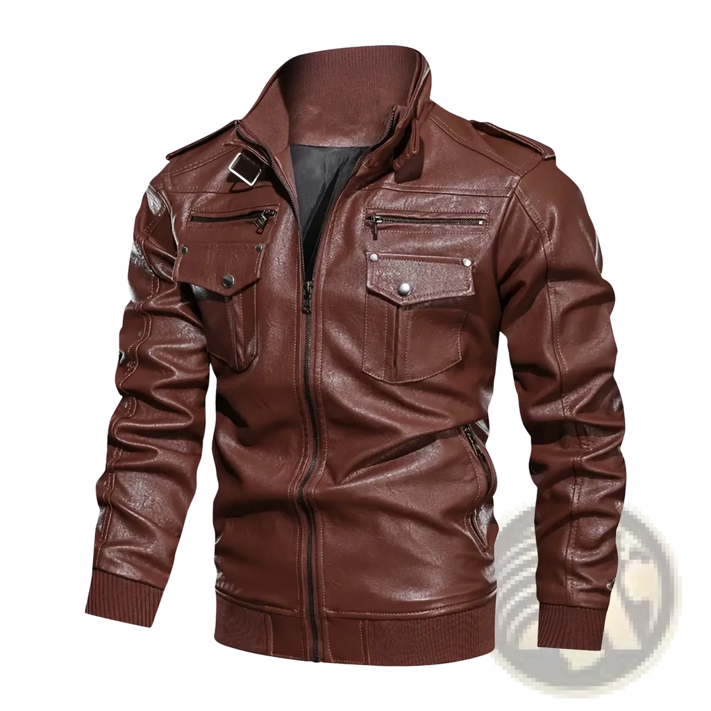 Men faux leather motorcycle jacket in rich brown with high collar front zipper and two chest pockets with silver buttons