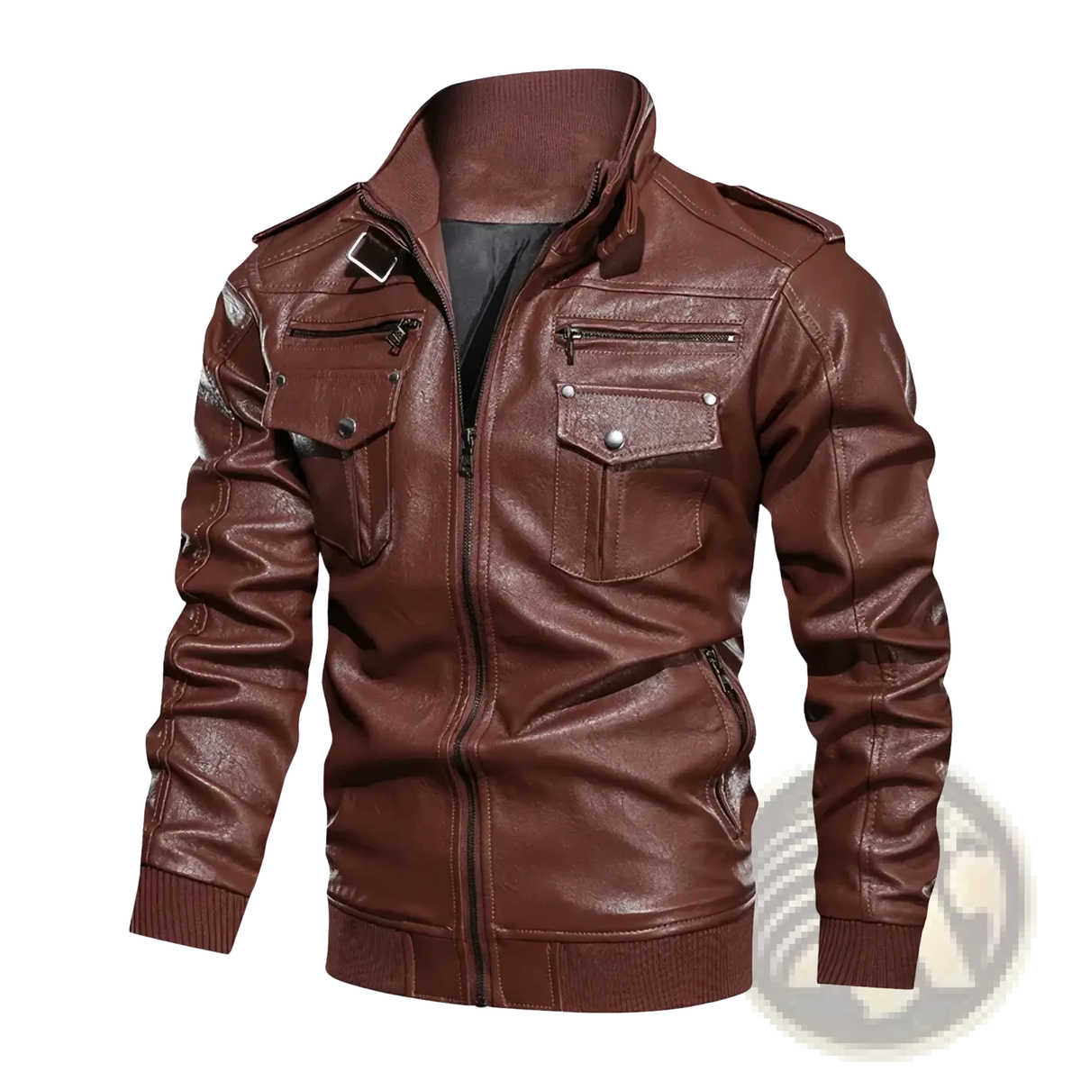 Men faux leather motorcycle jacket in rich brown with high collar front zipper and two chest pockets with silver buttons