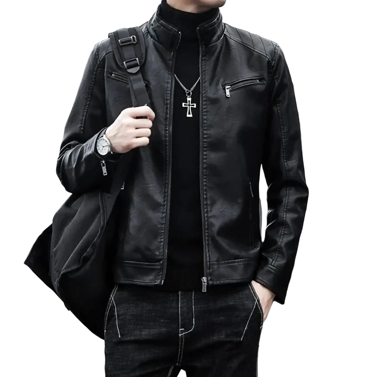 Men faux leather motorcycle jacket in black with quilted shoulder panels and front zipper closure slim fit design
