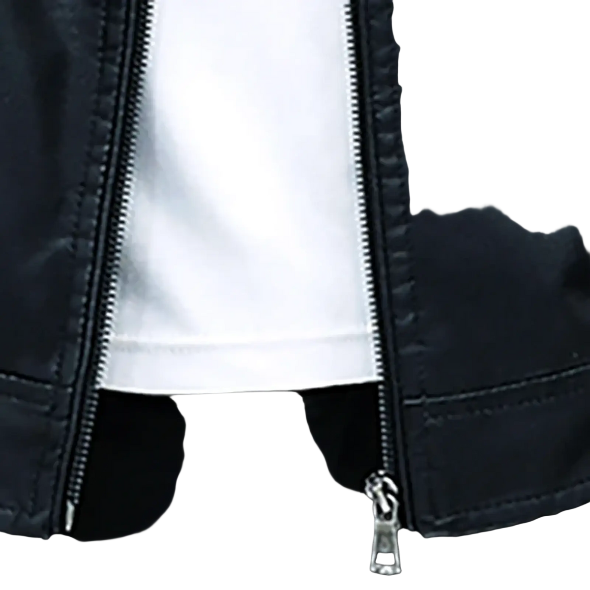 Men faux leather motorcycle jacket slim fit in black with silver zipper and matching pull tab