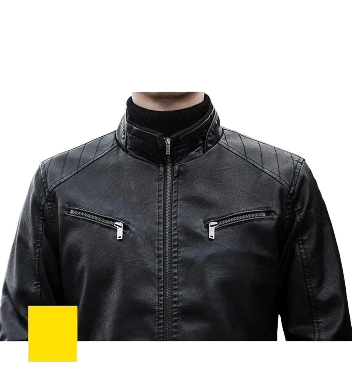 Black faux leather men’s motorcycle jacket with quilted shoulder panels and silver zippers slim fit design