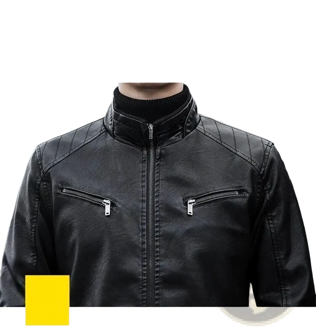 Black faux leather men’s motorcycle jacket with quilted shoulder panels and silver zippers slim fit design