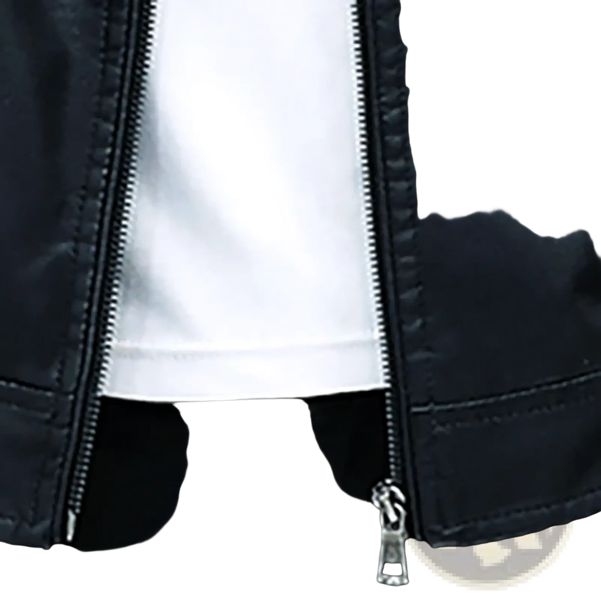 Men faux leather motorcycle jacket slim fit in black with silver zipper and matching pull tab