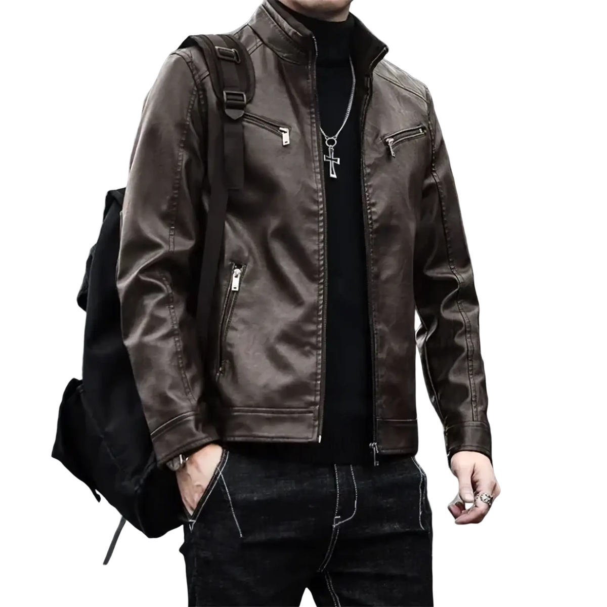 Men faux leather motorcycle jacket slim fit in brown with zippered pockets and a high collar for stylish protection