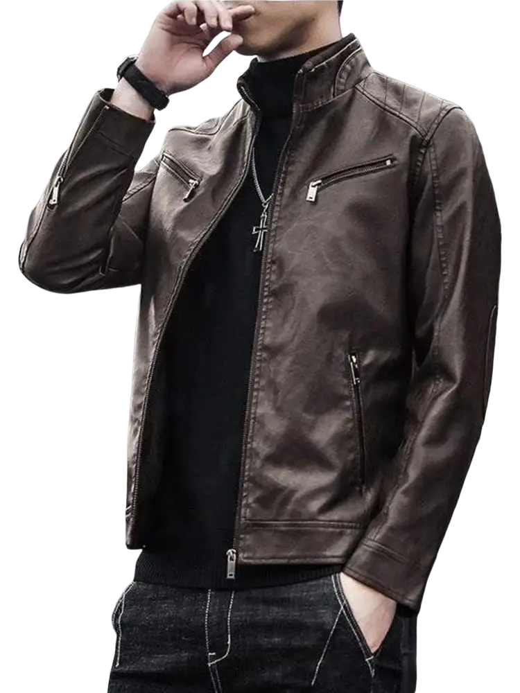 Men faux leather motorcycle jacket slim fit in brown with zipped pockets and a high collar visible from the front