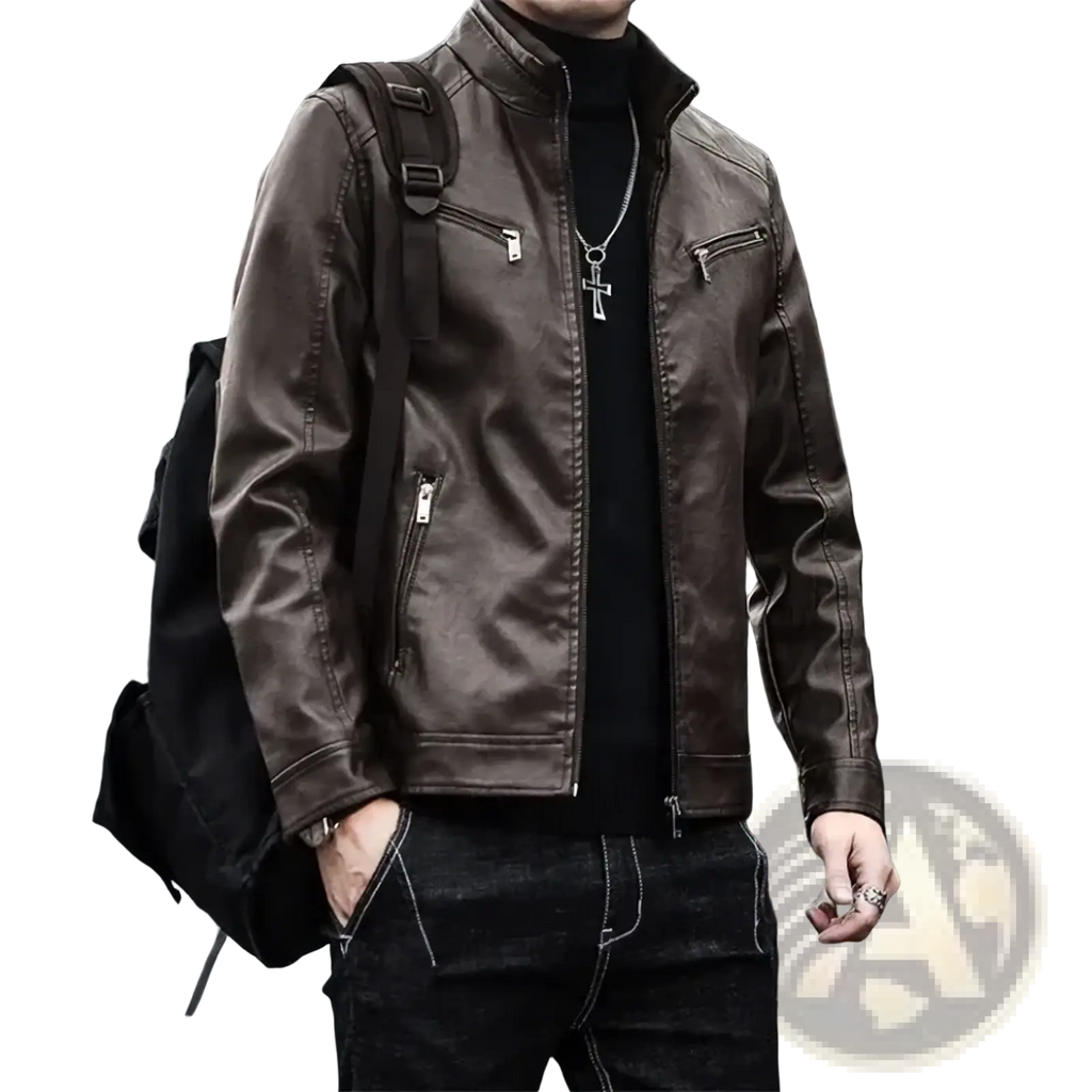 Men faux leather motorcycle jacket slim fit in brown with zippered pockets and a high collar for stylish protection