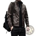 Men faux leather motorcycle jacket slim fit in brown with zippered pockets and a high collar for stylish protection