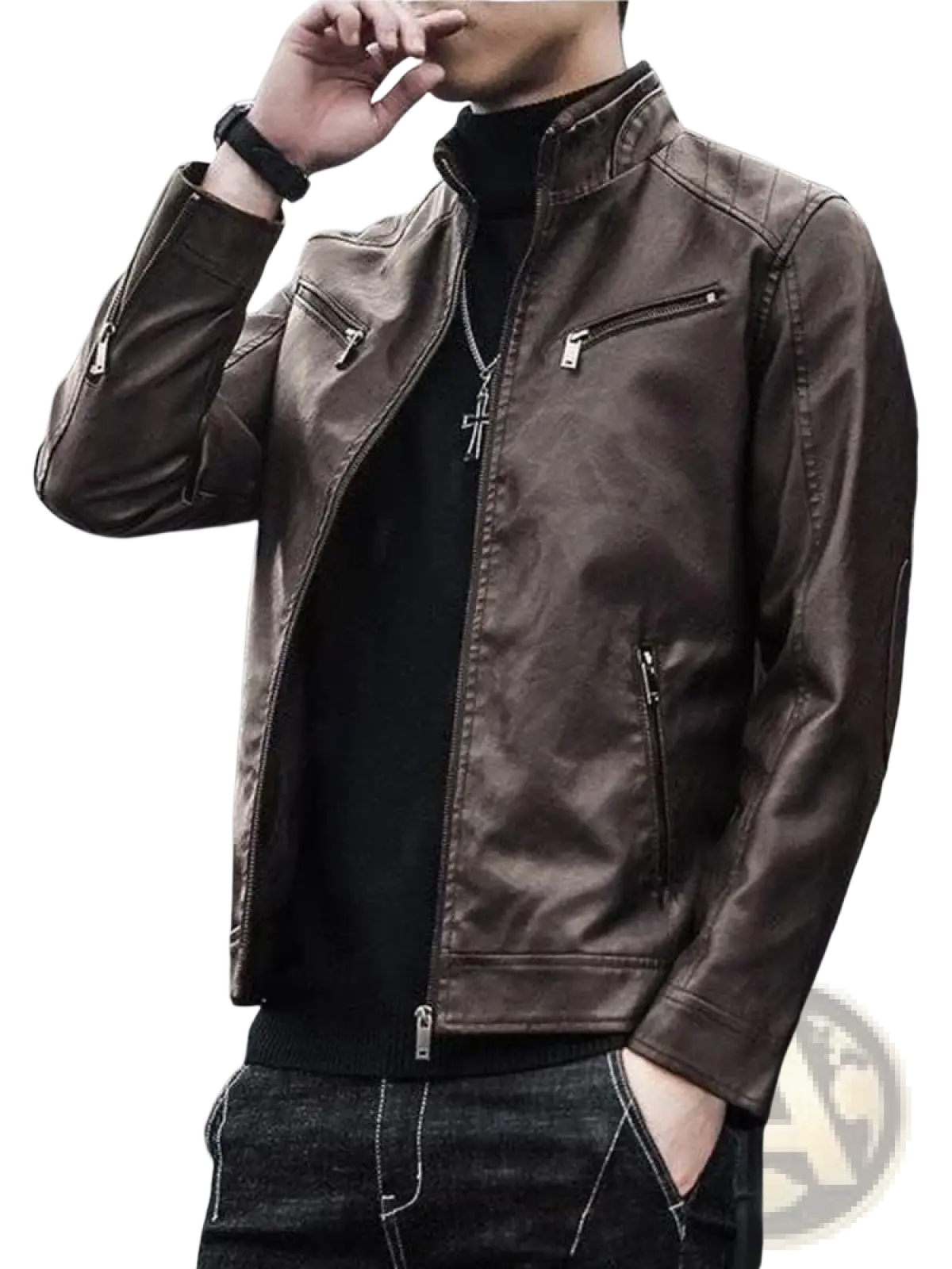 Men faux leather motorcycle jacket slim fit in brown with zipped pockets and a high collar visible from the front