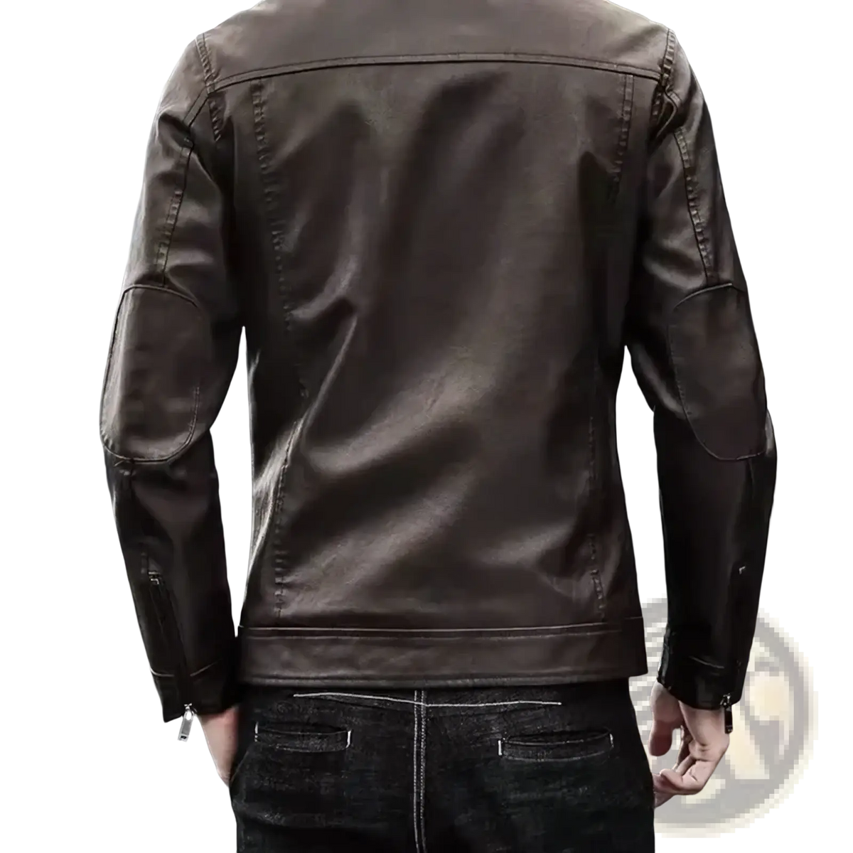 Men slim fit dark brown faux leather motorcycle jacket with reinforced elbow patches and zipper details