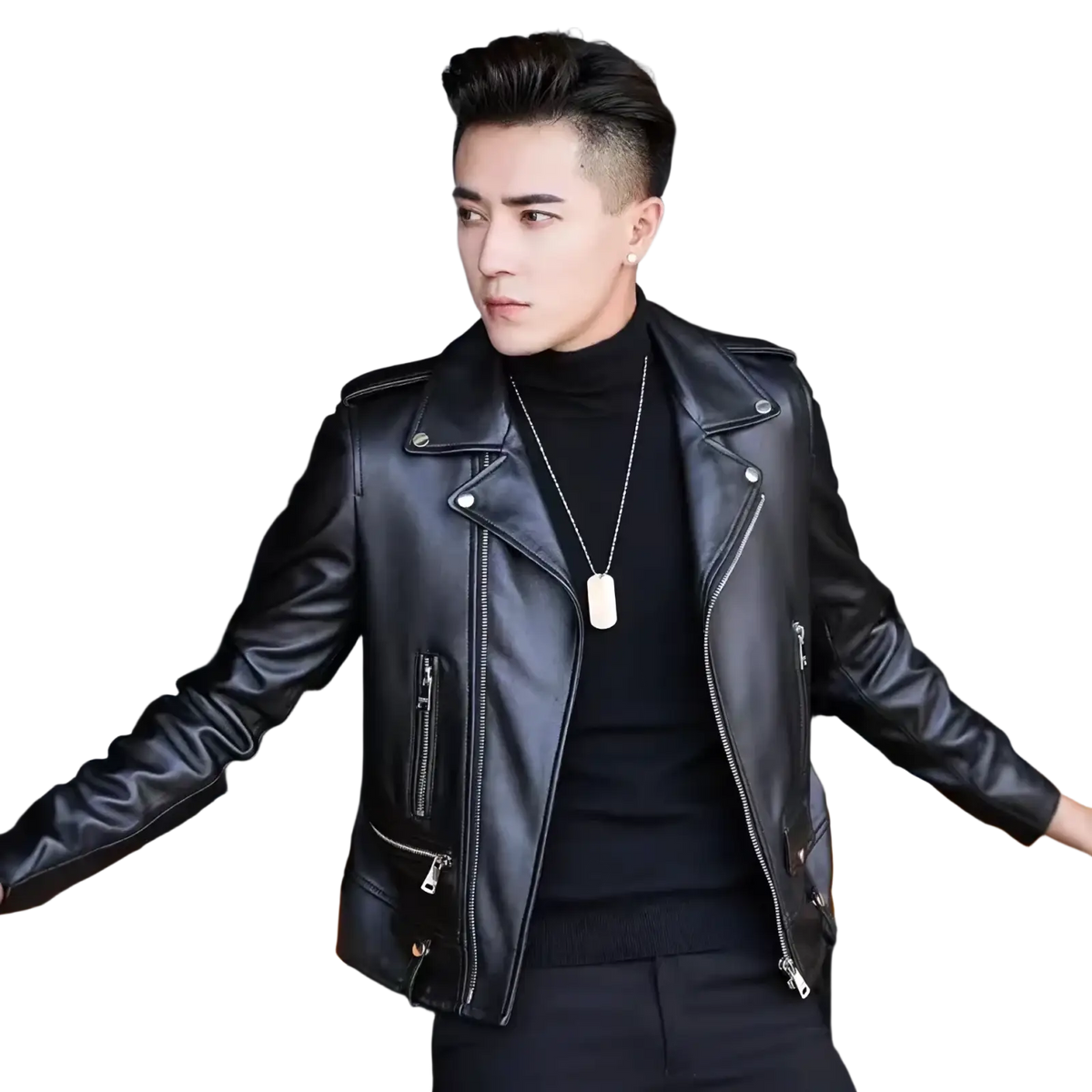 Men faux leather motorcycle jacket streetwear in black with silver zippers and snap buttons on the front