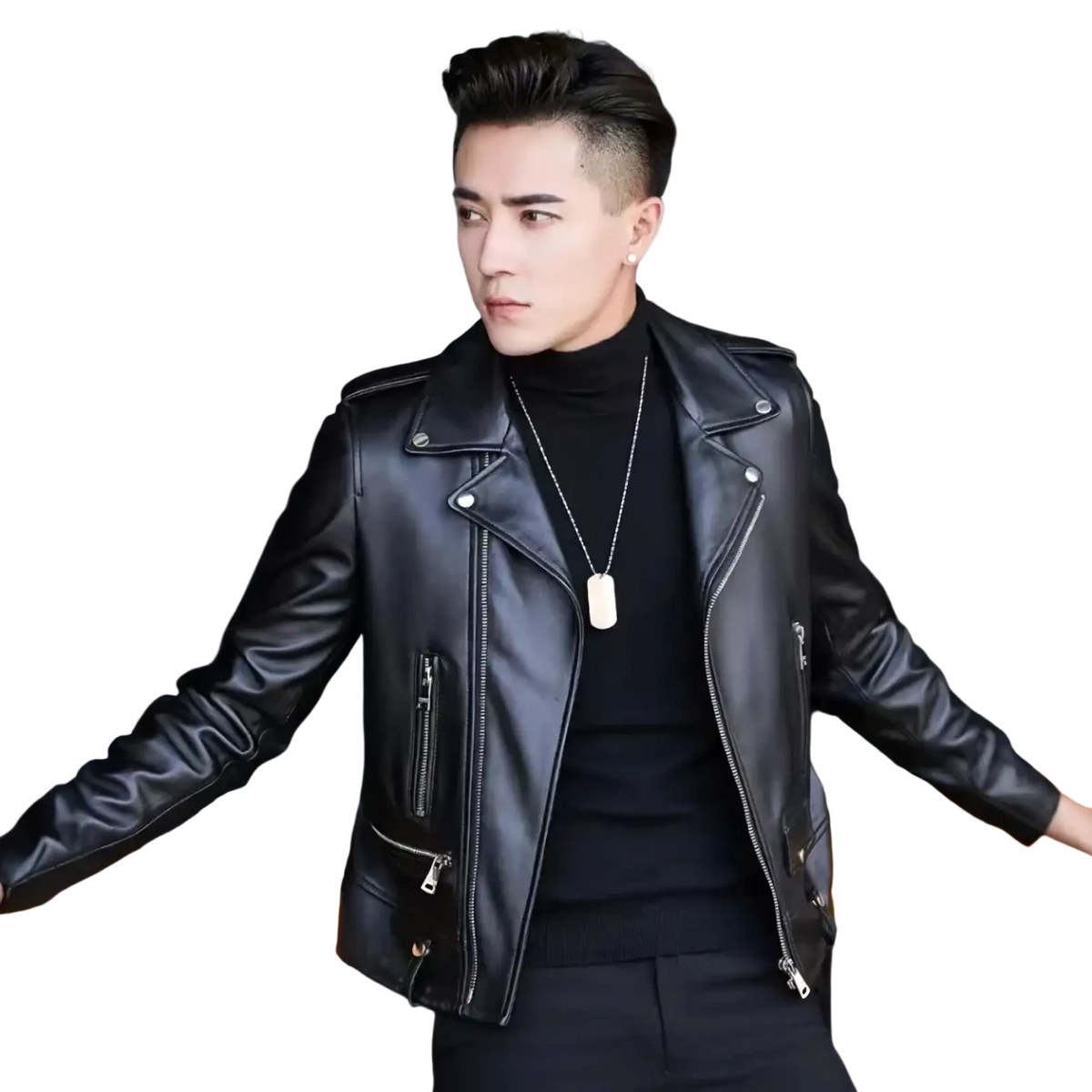 Men faux leather motorcycle jacket in black with silver zippers and snap buttons for streetwear use