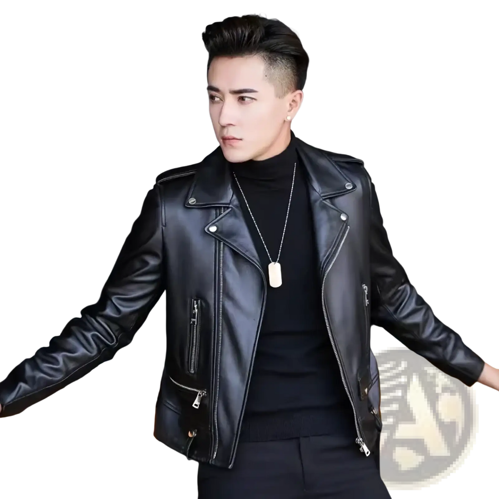 Men faux leather motorcycle jacket in black with silver zippers and snap buttons for streetwear use
