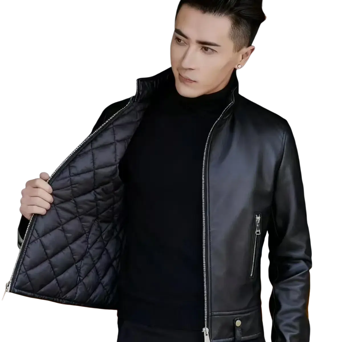 Men faux leather motorcycle jacket black quilted leather bomber style with silver zippers and fitted design