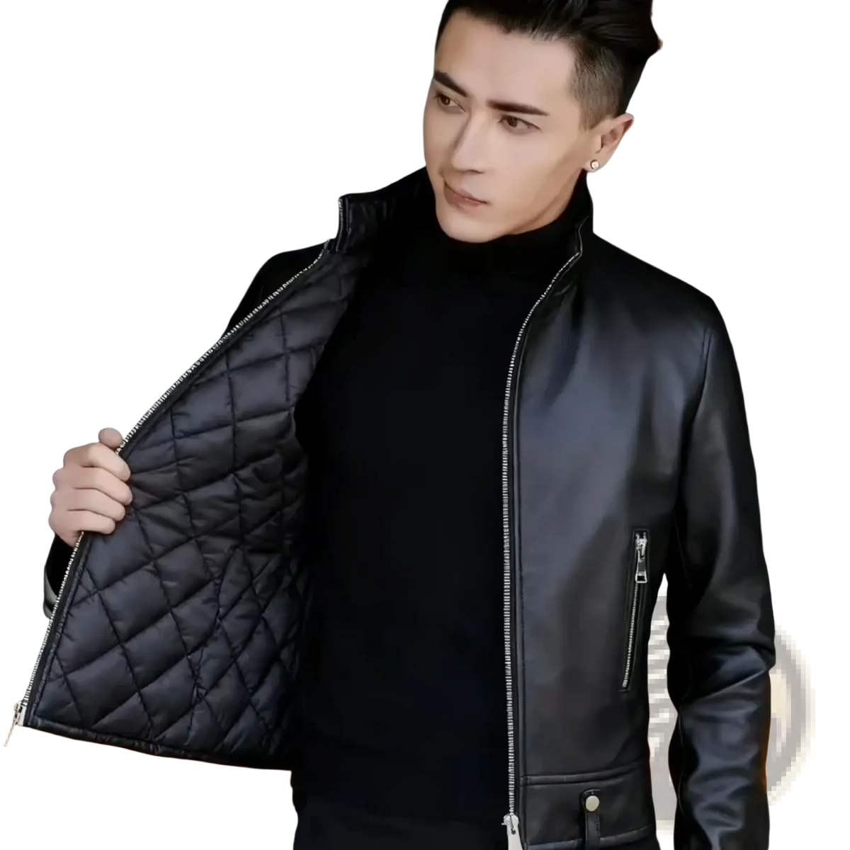 Men faux leather motorcycle jacket in black with quilted leather and diamond-stitched lining for streetwear