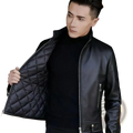 Men faux leather motorcycle jacket black quilted leather bomber style with silver zippers and fitted design