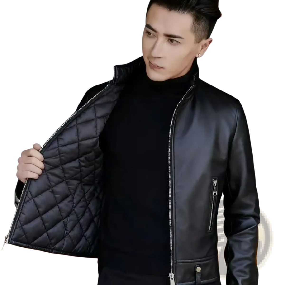 Men faux leather motorcycle jacket black quilted leather bomber style with silver zippers and fitted design