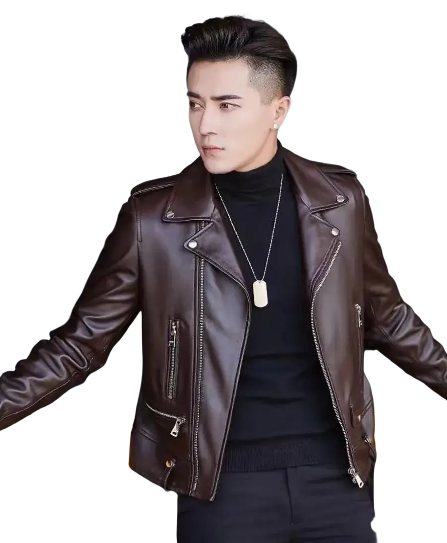 Men faux leather motorcycle jacket in brown with silver zippers and snap buttons for streetwear use