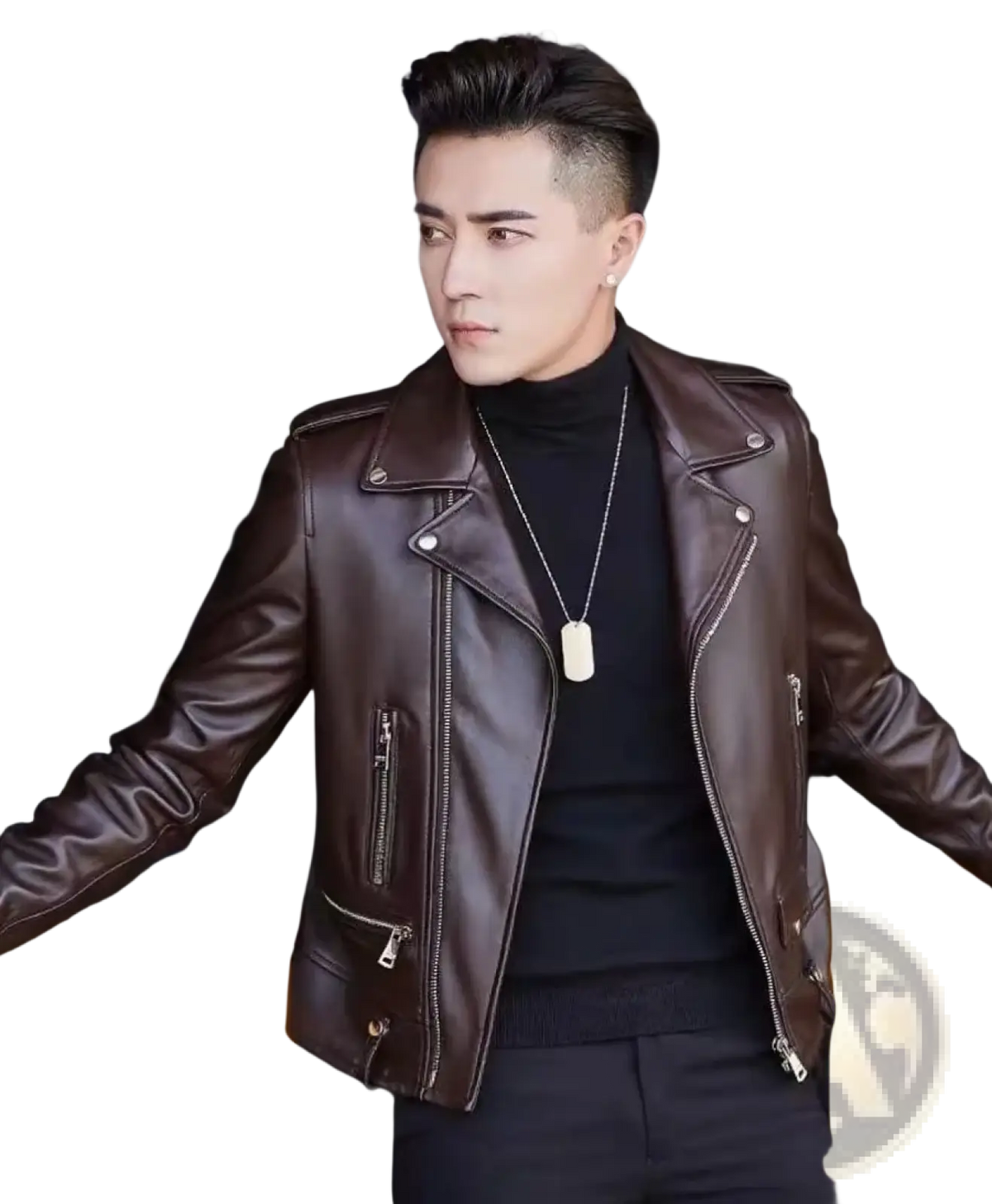 Men faux leather motorcycle jacket in brown with silver zippers and snap buttons for streetwear use