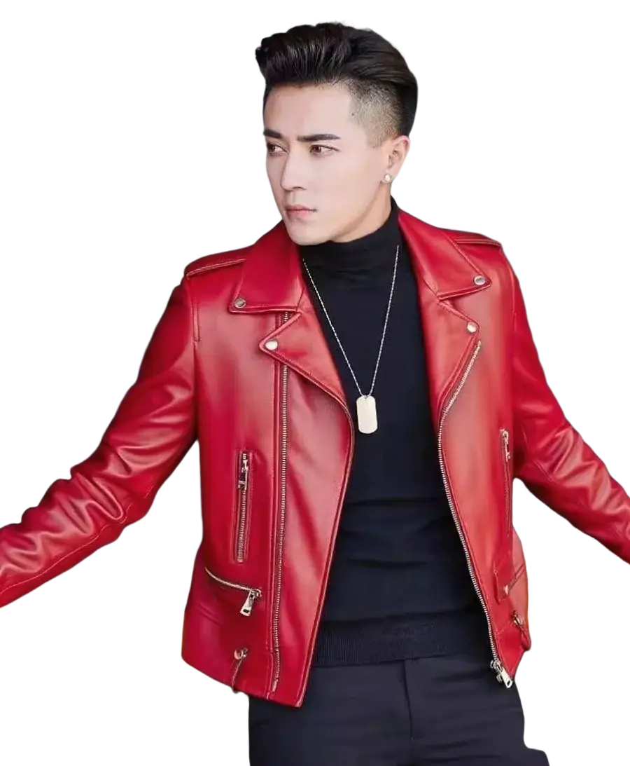 Men faux leather motorcycle jacket in red with silver zippers and snap buttons for streetwear style