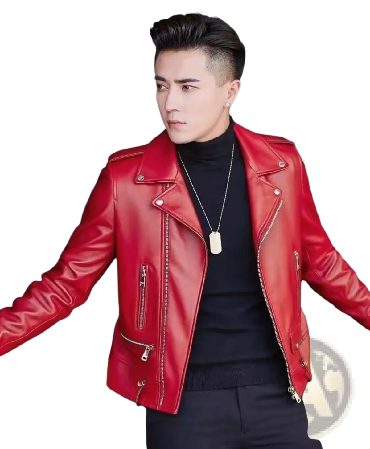Men faux leather motorcycle jacket in red with silver zippers and snap buttons for streetwear style
