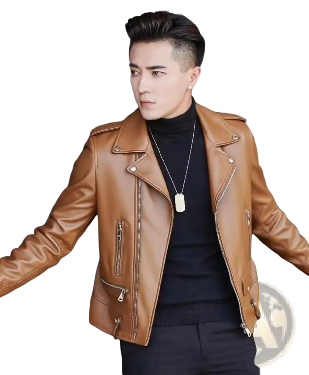 Men faux leather motorcycle jacket in tan with silver zippers and snap buttons for streetwear use