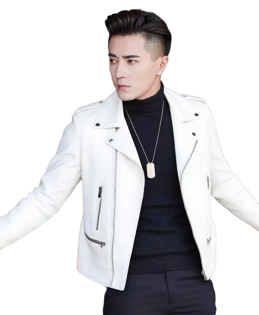 Men faux leather motorcycle jacket in white with silver zippers and snap buttons for streetwear style