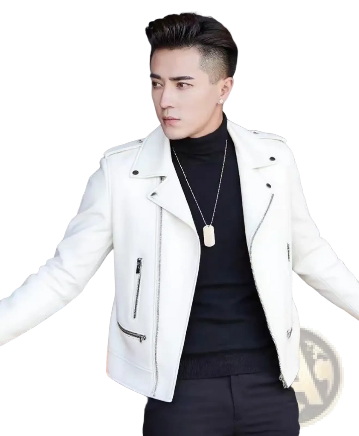 Men faux leather motorcycle jacket in white with silver zippers and snap buttons for streetwear style