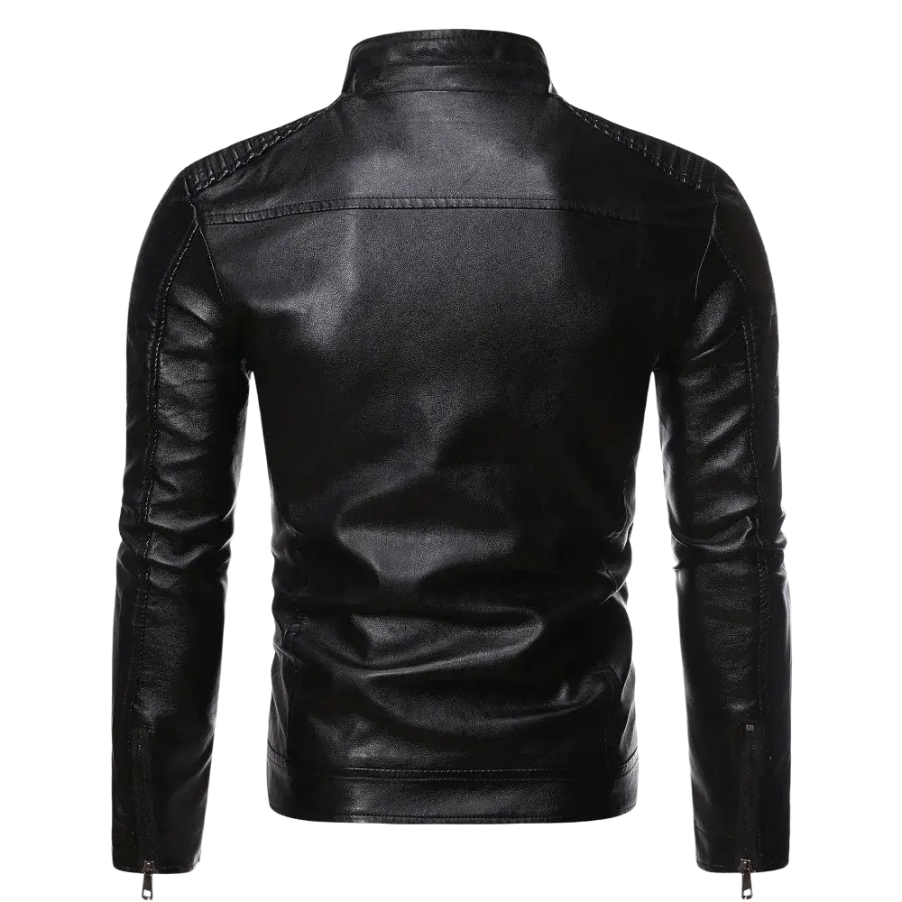 Men faux leather motorcycle jacket in black with stitched detailing and zipper cuffs highlighting color difference