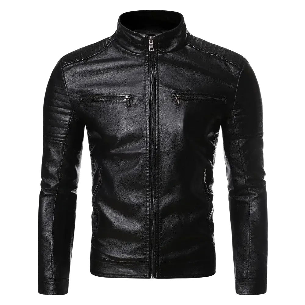 Black faux leather motorcycle jacket for men with high collar and two front zippered pockets showing color difference