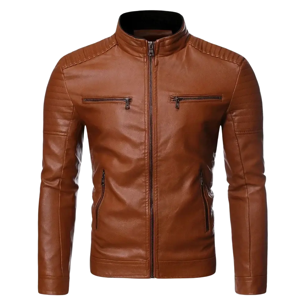 Brown faux leather men motorcycle jacket with black zipper accents and stitched detailing highlighting color difference
