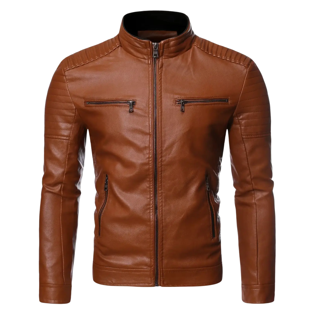 Men faux leather brown motorcycle jacket with stand-up collar and zippered pockets highlighting color difference
