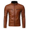 Men faux leather brown motorcycle jacket with stand-up collar and zippered pockets highlighting color difference