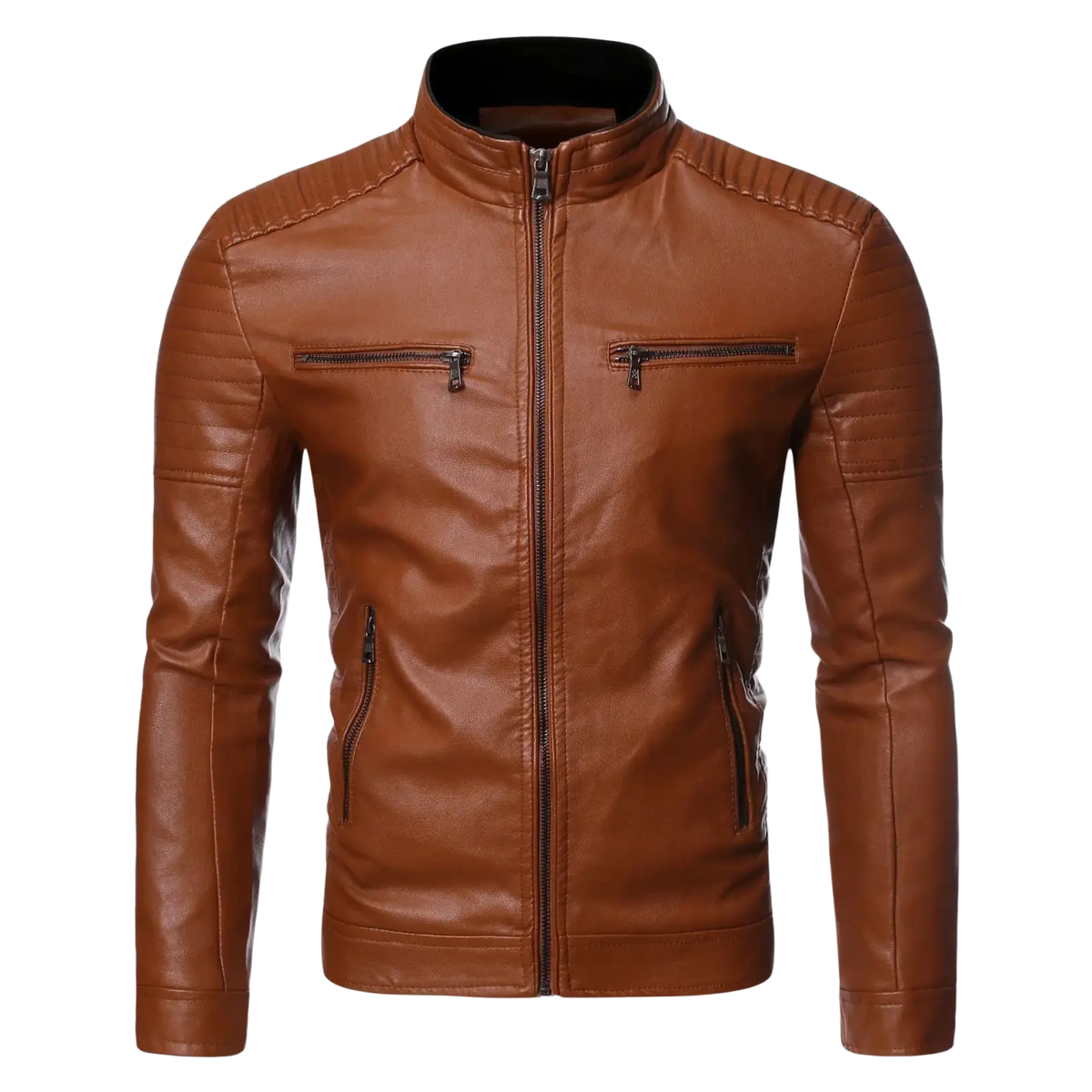 Men faux leather brown motorcycle jacket with stand-up collar and zippered pockets highlighting color difference