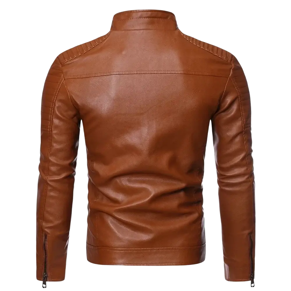 Brown faux leather men motorcycle jacket with stitched paneling and zipper pockets showing color difference details